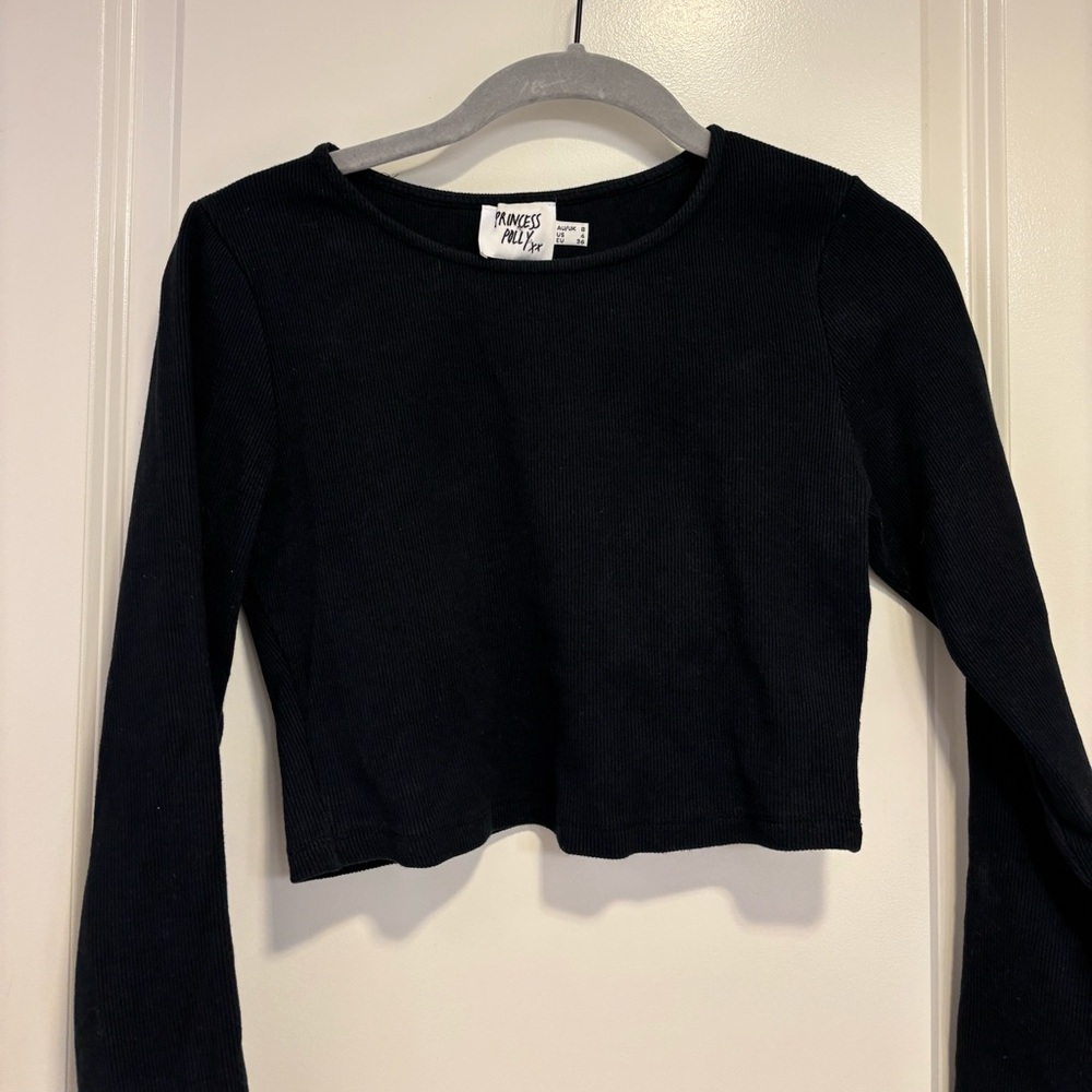 Princess Polly Black Ribbed Long-Sleeve Crop Top (S)
